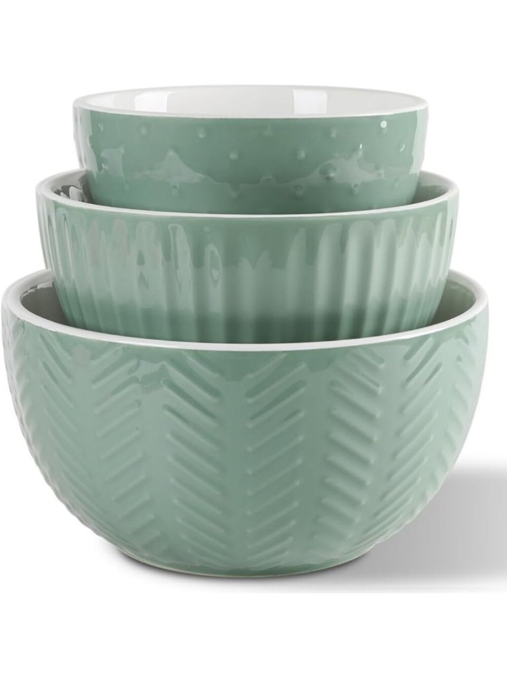 Set of 3 Ceramic Mixing & Serving Bowls - Large Nesting Prep Bowls in Avocado